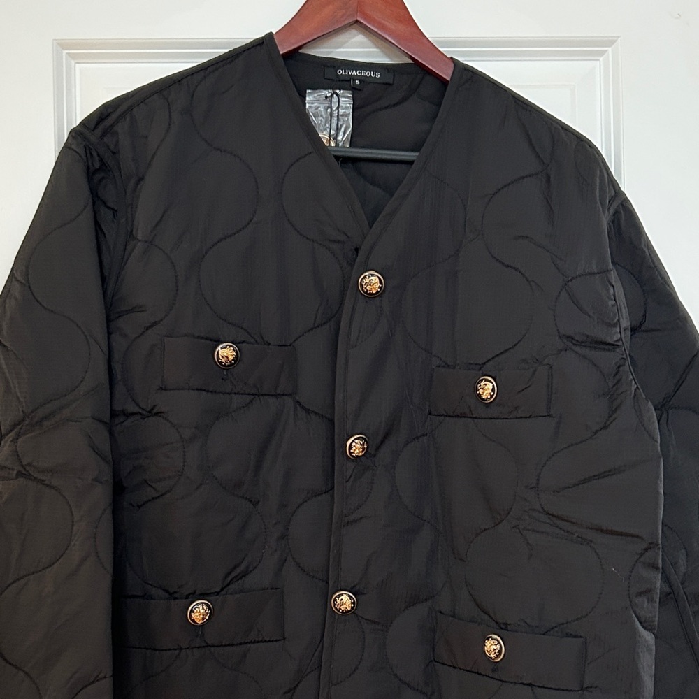 Olivaceous Black Quilted Jacket with Gold Buttons